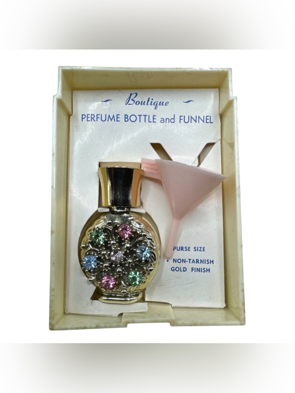 Vintage 1950s NOS Gold Tone Rhinestone  Boutique Perfume Bottle & Mini Funnel